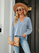Solid Color V-neck Loose Casual Long Sleeve T-shirt