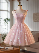 Pink Tulle Spaghetti Straps Homecoming Dress