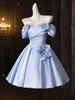 Blue Satin Flower Pleats Homecoming Dress