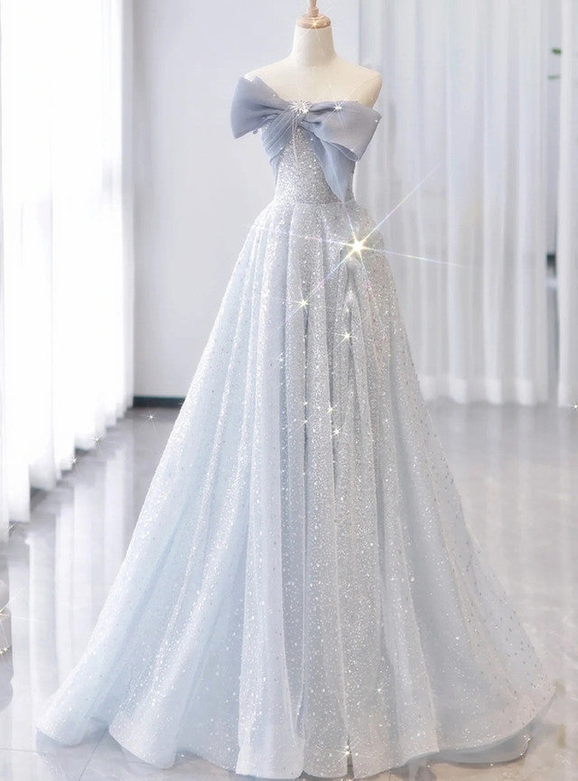 Tulle Sequins Off the Shoulder Bow Prom Dress