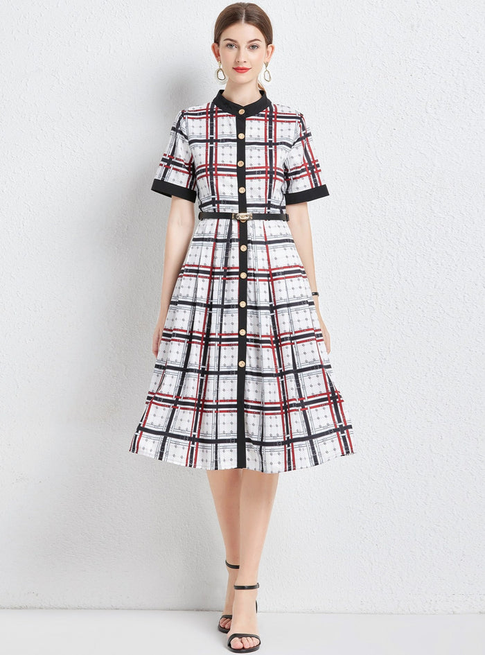 Retro Plaid Striped Dress With Belt
