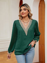Lace V-neck Stitching Lace Long Sleeves Shirt