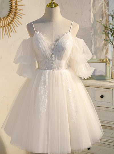 White Tulle Puff Sleeve Straps Homecoming Dress