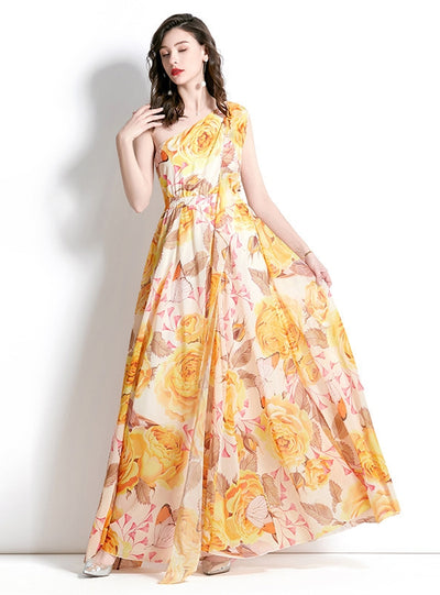 One-shoulder Holiday Printed Long Dess