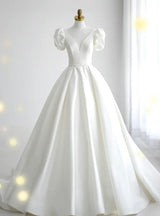 White Satin V-neck Wedding Dress