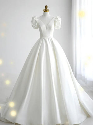 White Satin V-neck Wedding Dress