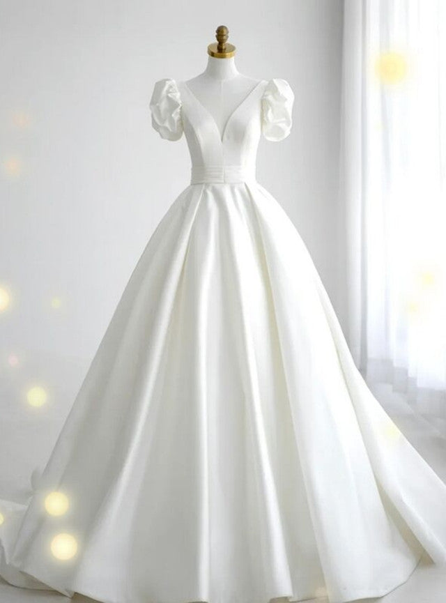 White Satin V-neck Wedding Dress