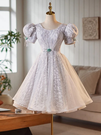 Gray Tulle Lace Puff Sleeve Homecoming Dress
