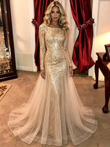 Gold Sequins Long Sleeve Prom Dress