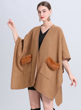 Pocket Bat Sleeve Fur Collar Shawl Cloak