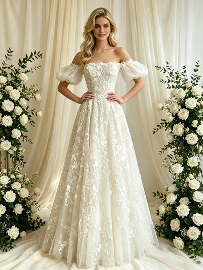 Ivory Lace Off the Shoulder Lace Puff Sleeve Wedding Dress