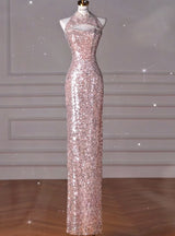 Pink Mermaid Sequins Tulle Beading Prom Dress
