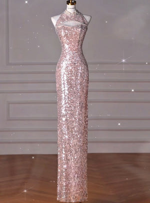 Pink Mermaid Sequins Tulle Beading Prom Dress