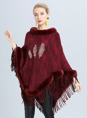 Embroidered Fur Collar Tassel Cloak Shawl
