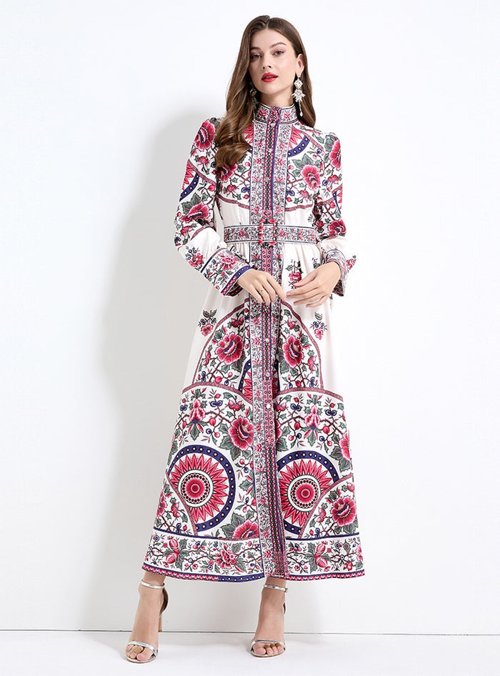 Retro Printed Long-sleeved Dress