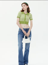 Flower Button Lapel Plaid Short Sleeve Sweater