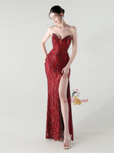 Mermaid Sequins Strapless Split Beading Prom Dress