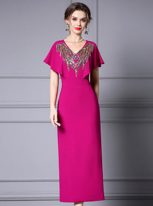 Fuchsia V-neck Beading Mother of the Bride Dress