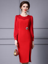 Red Long Sleeve Split Mother Of The Bride Dress