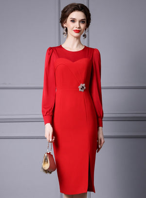 Red Long Sleeve Split Mother Of The Bride Dress