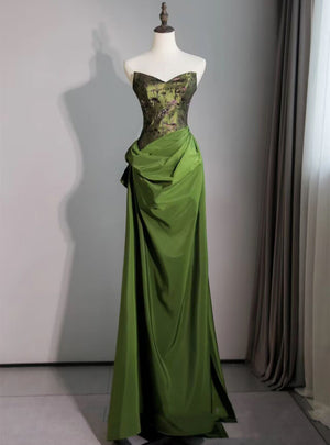 Green Print Strapless Pleats Prom Dress