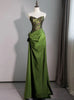 Green Print Strapless Pleats Prom Dress