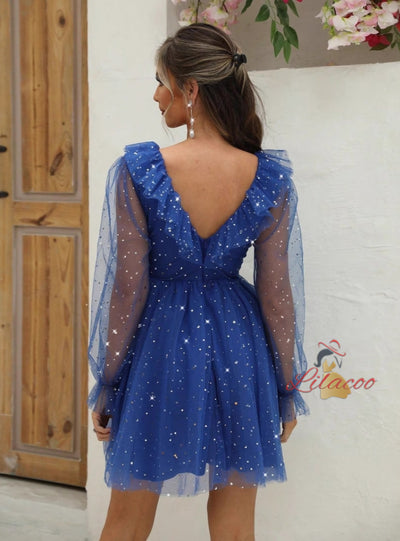 V-neck Stitching Gauze Sequined Bubble Sleeve Dress