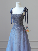 Blue Tulle Beading Straps Prom Dress