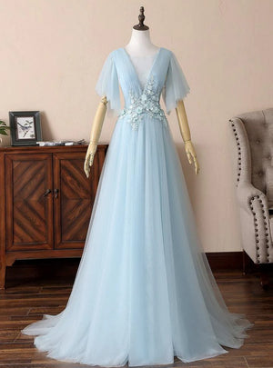 Blue Tulle Appliques Pleats Prom Dress