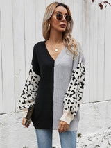 Loose V-neck Splicing Leopard Print Pullover Sweater