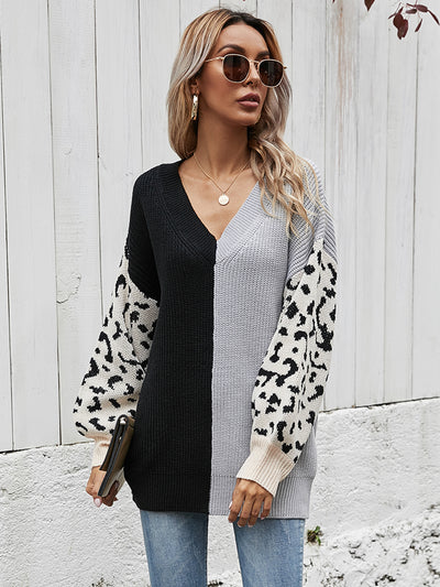 Loose V-neck Splicing Leopard Print Pullover Sweater