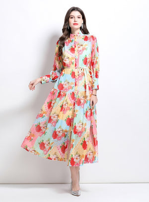 Contrast Retro Lantern Sleeve Printed Dress