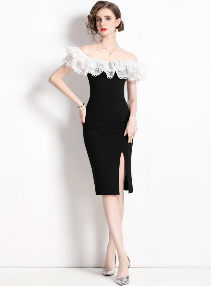 Black Silm Waist Slit Dress