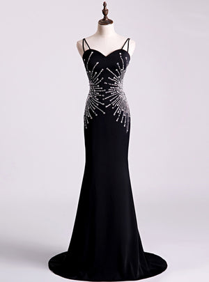Black Mermaid Spaghetti Straps Beading Prom Dress