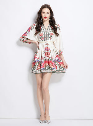 Vintage V-neck Lantern Sleeve Printed Dress