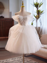 White Tulle Pearls Pleats Wedding Dress