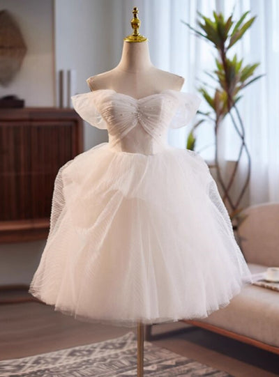White Tulle Pearls Pleats Wedding Dress