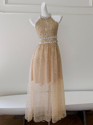 Champagne Sequins Halter Crystal Prom Dress
