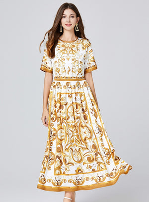 Retro Short Sleeve Printed Dress