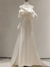 White Satin Strapless Bow Wedding Dress