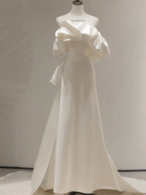 White Satin Strapless Bow Wedding Dress