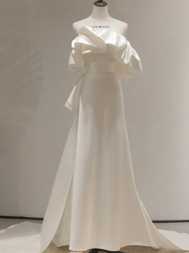 White Satin Strapless Bow Wedding Dress