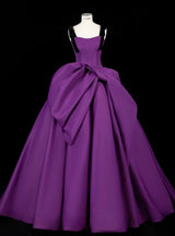 Purple Satin Straps Pleats Prom Dress