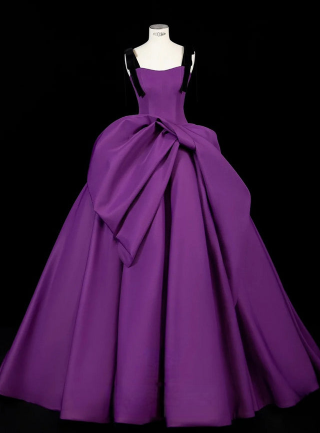 Purple Satin Straps Pleats Prom Dress