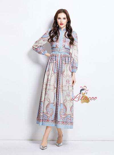 Retro Breasted Print Long Sleeve Dress
