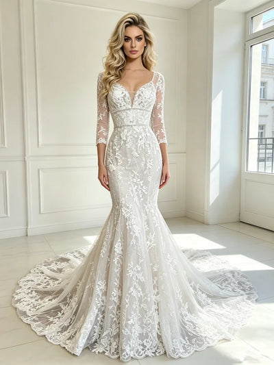 White Mermaid Tulle Lace Appliques Long Sleeve Wedding Dress