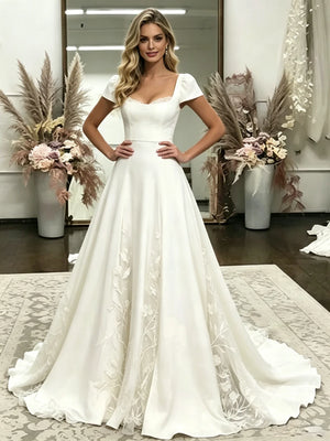 White Cap Sleeve Appliques Wedding Dress