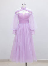 Purple Tulle Long Sleeve Pleats Prom Dress