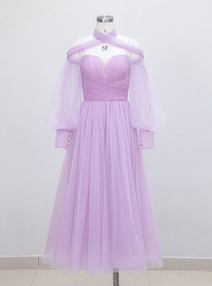 Purple Tulle Long Sleeve Pleats Prom Dress