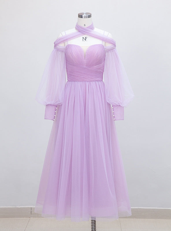 Purple Tulle Long Sleeve Pleats Prom Dress